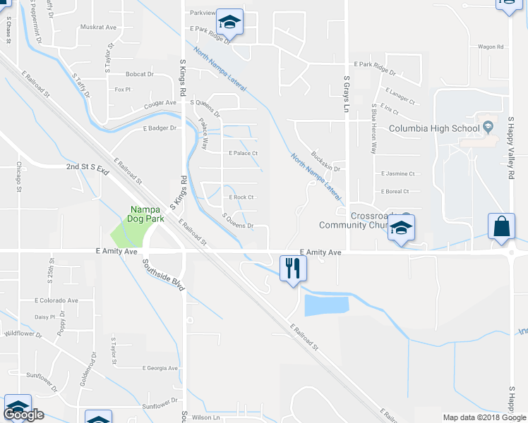 map of restaurants, bars, coffee shops, grocery stores, and more near 3422 Coachman Court in Nampa