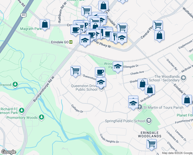 map of restaurants, bars, coffee shops, grocery stores, and more near 3567 Queenston Drive in Mississauga