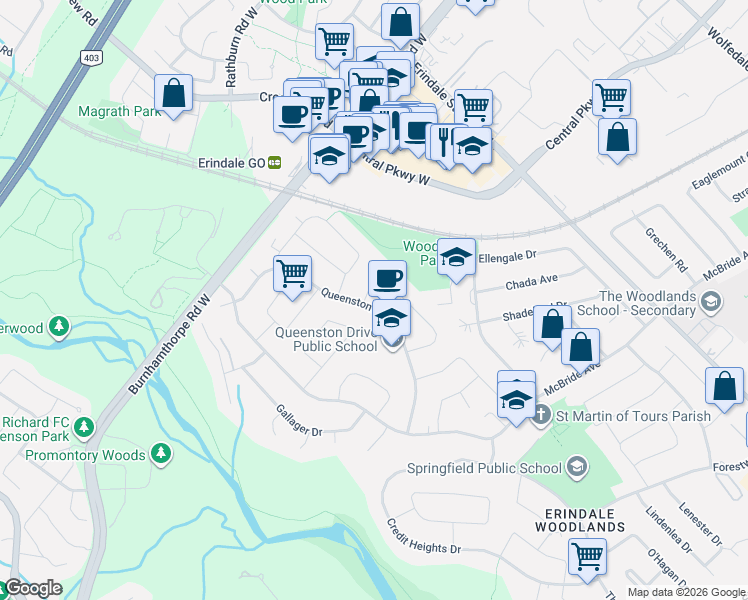 map of restaurants, bars, coffee shops, grocery stores, and more near 3567 Queenston Drive in Mississauga