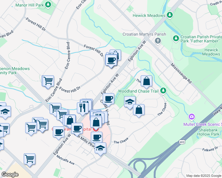 map of restaurants, bars, coffee shops, grocery stores, and more near 1725 The Chase in Mississauga