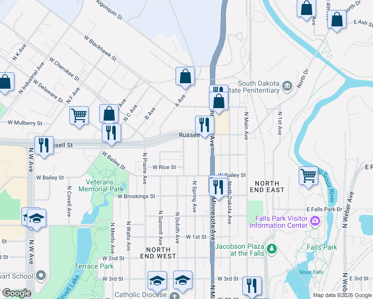 map of restaurants, bars, coffee shops, grocery stores, and more near 1230 North Duluth Avenue in Sioux Falls