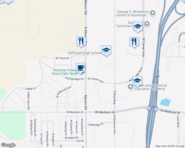 map of restaurants, bars, coffee shops, grocery stores, and more near in Sioux Falls