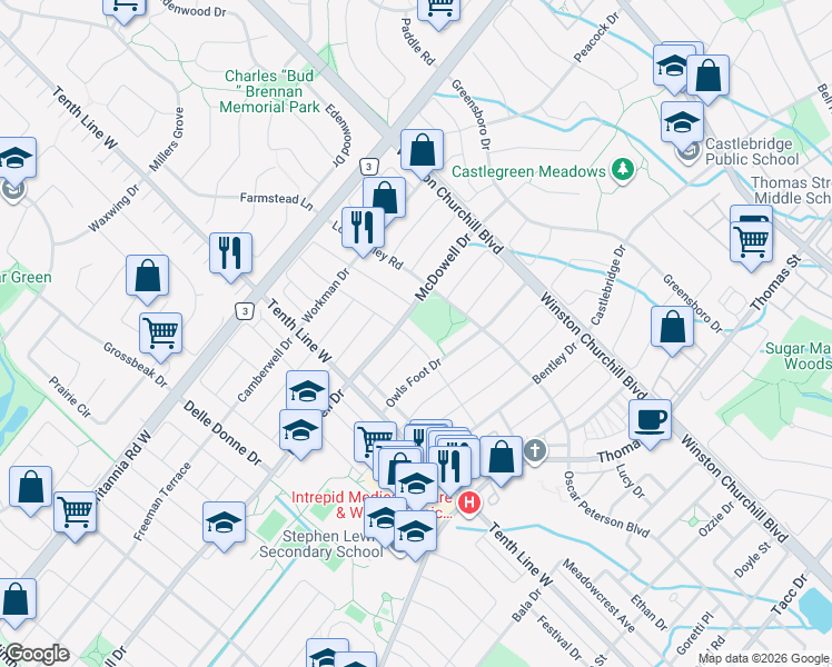map of restaurants, bars, coffee shops, grocery stores, and more near 5847 Summerside Drive in Mississauga