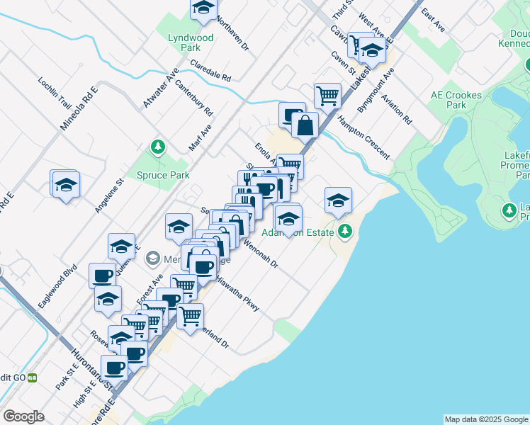 map of restaurants, bars, coffee shops, grocery stores, and more near 348 Lakeshore Road East in Mississauga