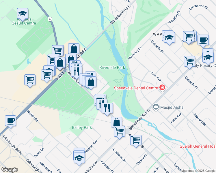 map of restaurants, bars, coffee shops, grocery stores, and more near 61 Marilyn Drive in Guelph