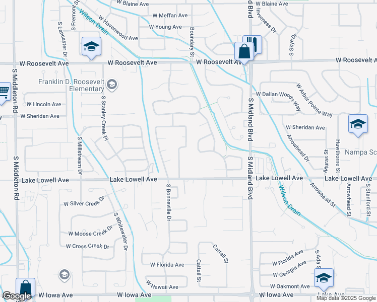 map of restaurants, bars, coffee shops, grocery stores, and more near 608 Spruce Creek Dr in Nampa