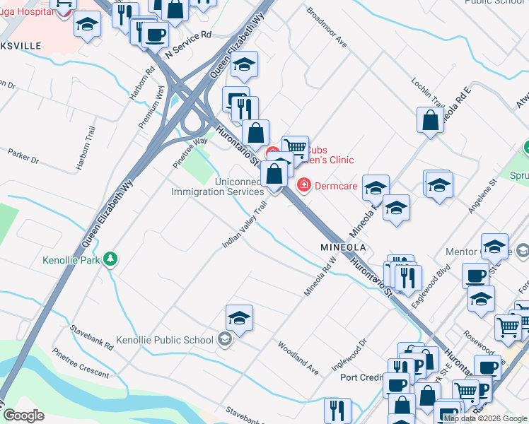 map of restaurants, bars, coffee shops, grocery stores, and more near 50 Indian Valley Trail in Mississauga