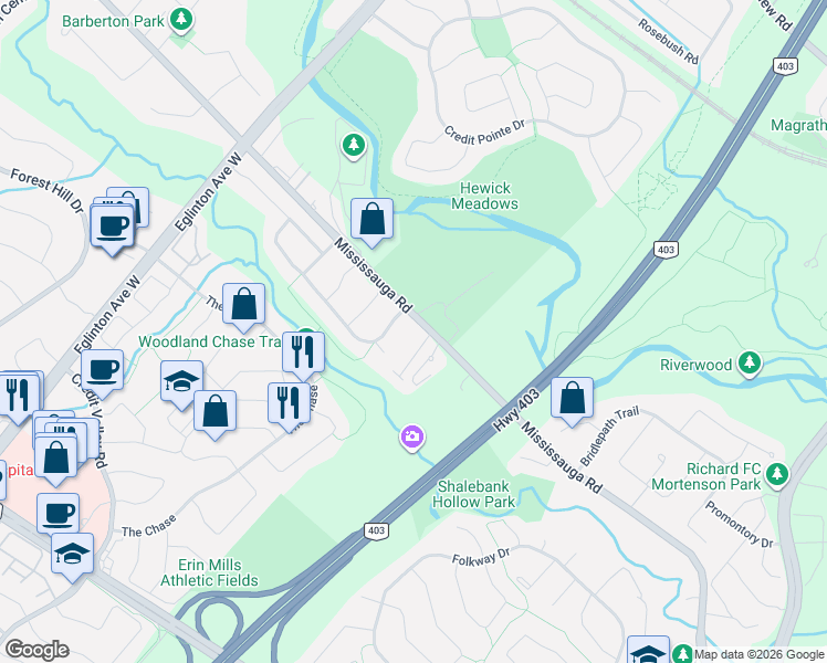 map of restaurants, bars, coffee shops, grocery stores, and more near 4410 Mississauga Road in Mississauga