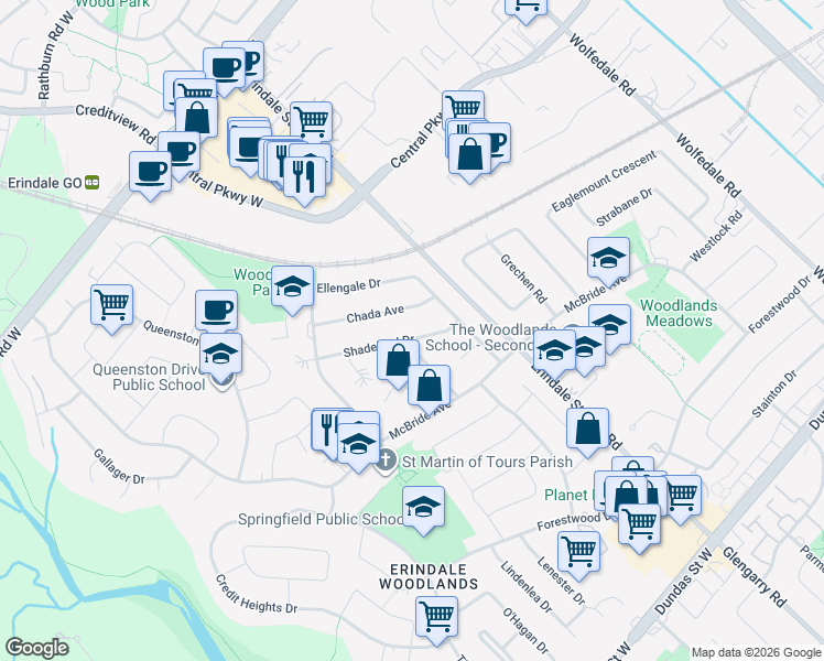 map of restaurants, bars, coffee shops, grocery stores, and more near 1145 Shadeland Drive in Mississauga