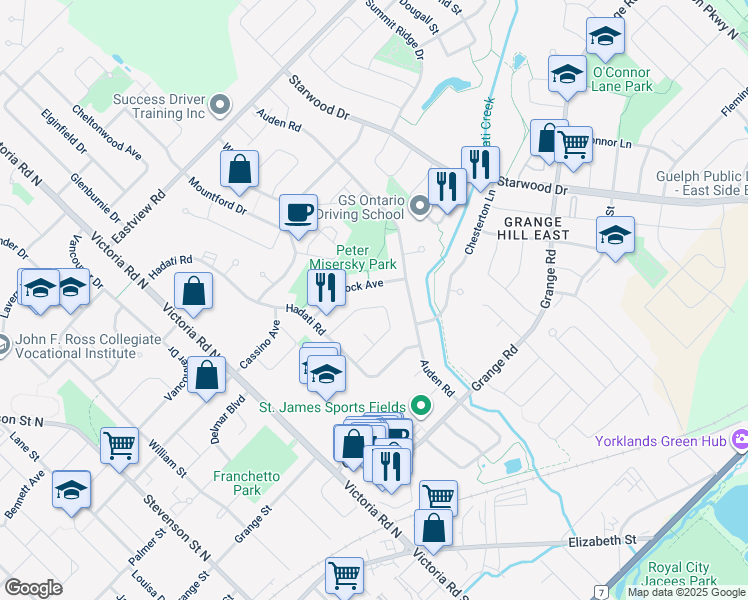 map of restaurants, bars, coffee shops, grocery stores, and more near 58 Upton Crescent in Guelph