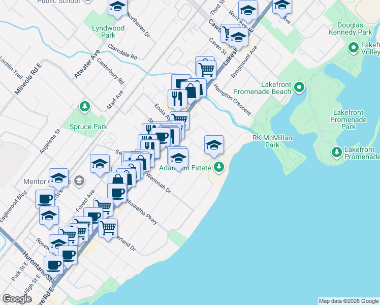 map of restaurants, bars, coffee shops, grocery stores, and more near 390 The Thicket in Mississauga