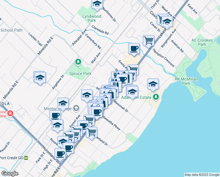 map of restaurants, bars, coffee shops, grocery stores, and more near in Mississauga