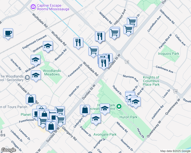 map of restaurants, bars, coffee shops, grocery stores, and more near in Mississauga