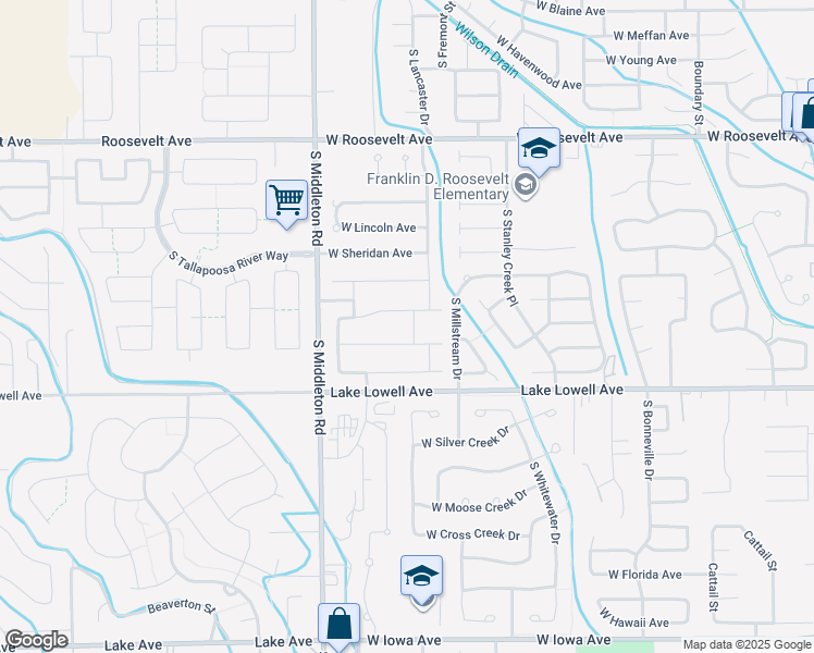 map of restaurants, bars, coffee shops, grocery stores, and more near 633 South Lancaster Drive in Nampa
