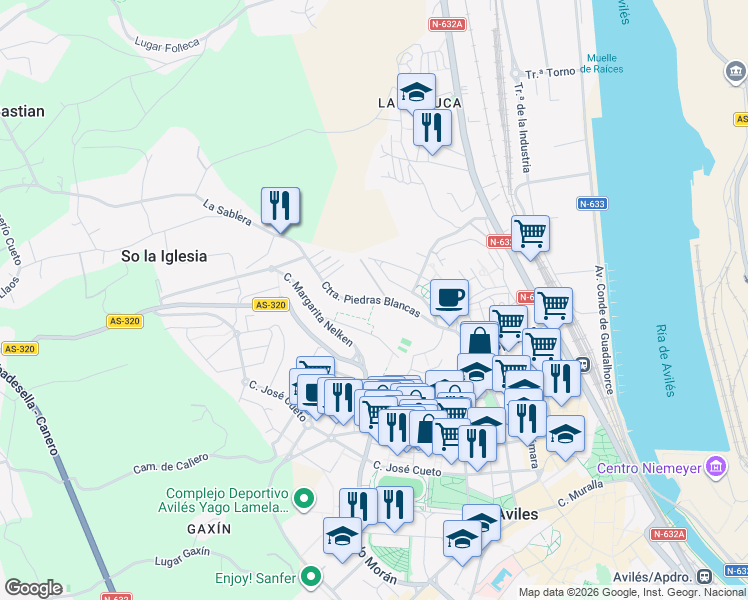 map of restaurants, bars, coffee shops, grocery stores, and more near in Avilés