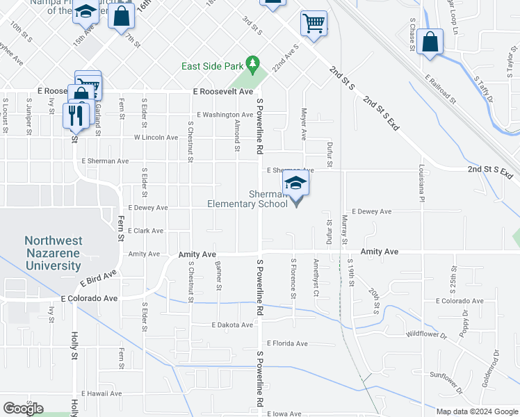 map of restaurants, bars, coffee shops, grocery stores, and more near 615 South Powerline Road in Nampa