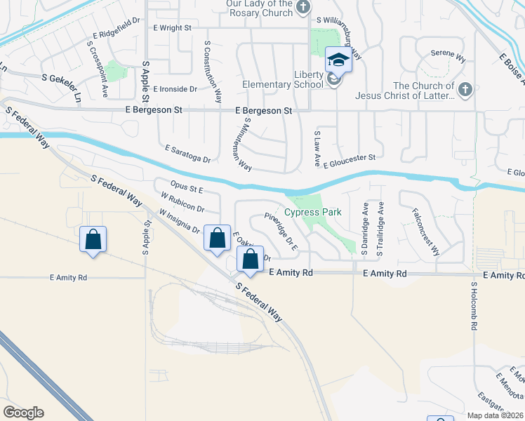 map of restaurants, bars, coffee shops, grocery stores, and more near 1397 East Pineridge Drive in Boise