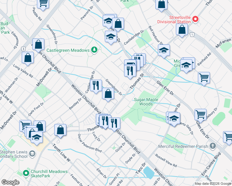 map of restaurants, bars, coffee shops, grocery stores, and more near 5696 Greensboro Drive in Mississauga