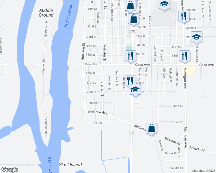 map of restaurants, bars, coffee shops, grocery stores, and more near 1710 Webster Street in Bay City