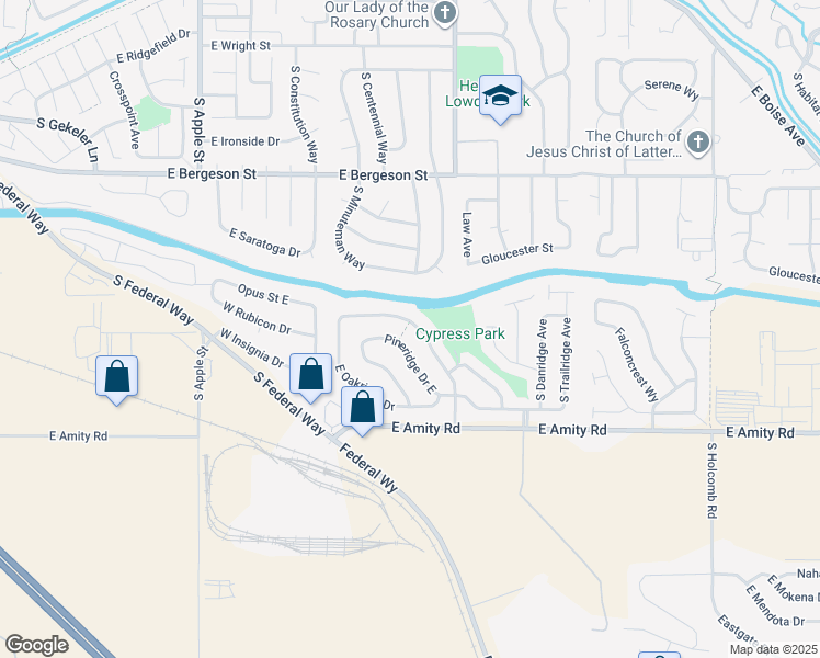map of restaurants, bars, coffee shops, grocery stores, and more near 4339 South Rimview Way in Boise