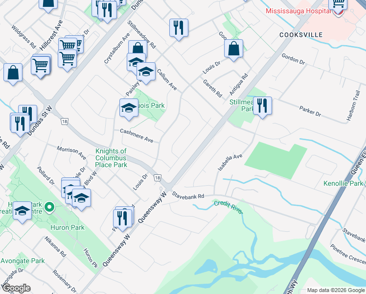 map of restaurants, bars, coffee shops, grocery stores, and more near 525 Cullen Avenue in Mississauga