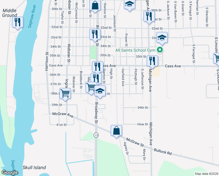 map of restaurants, bars, coffee shops, grocery stores, and more near 909 38th Street in Bay City