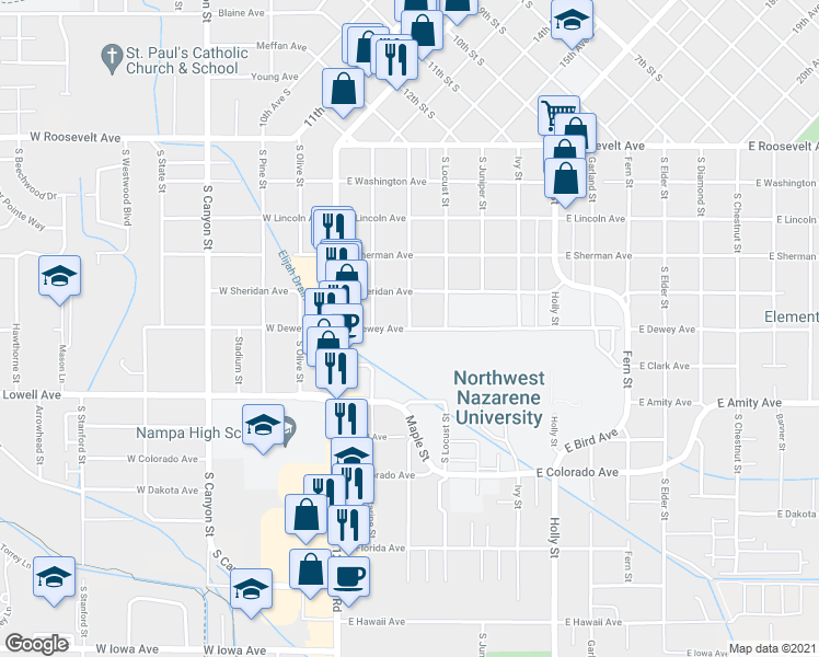 map of restaurants, bars, coffee shops, grocery stores, and more near Maple Street in Nampa