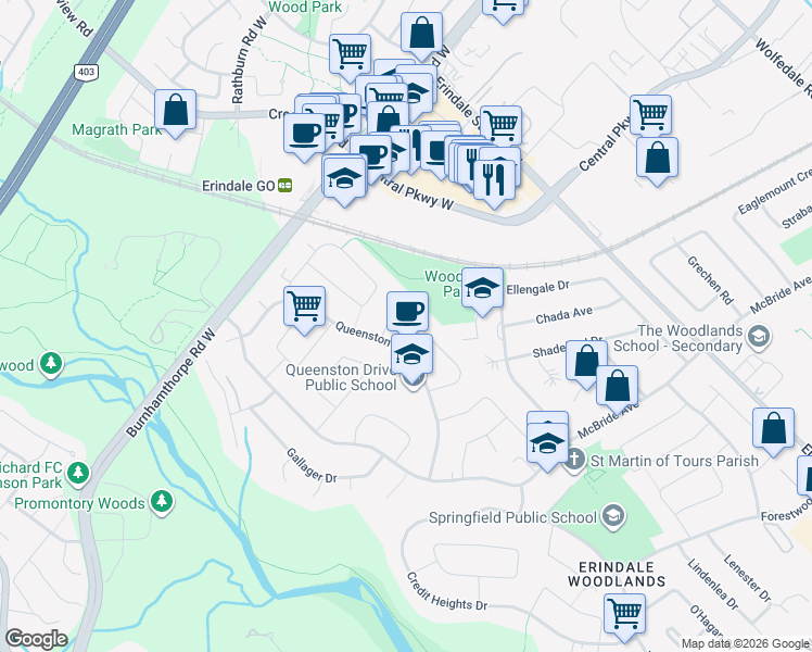map of restaurants, bars, coffee shops, grocery stores, and more near 3542 Ashcroft Crescent in Mississauga