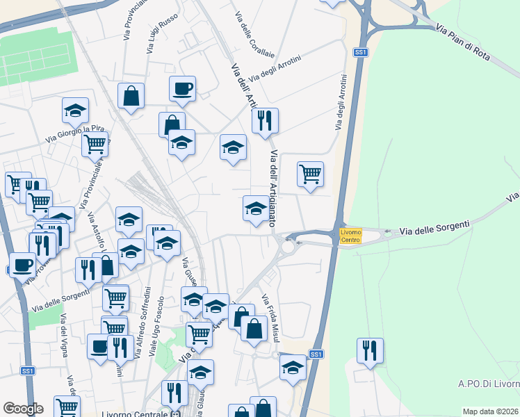 map of restaurants, bars, coffee shops, grocery stores, and more near 16 Via Gian Battista Guarini in Livorno