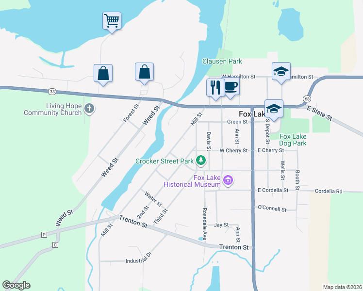 map of restaurants, bars, coffee shops, grocery stores, and more near 601 West Crocker Street in Fox Lake