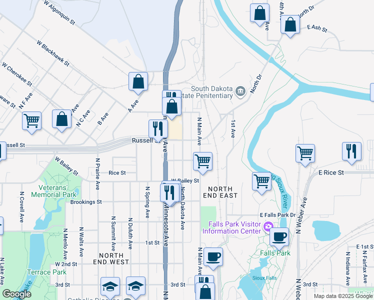 map of restaurants, bars, coffee shops, grocery stores, and more near 100-298 West Bennett Street in Sioux Falls