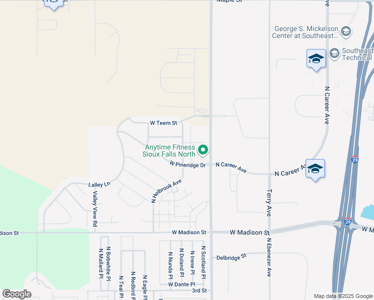 map of restaurants, bars, coffee shops, grocery stores, and more near 1405 North Holbrook Avenue in Sioux Falls