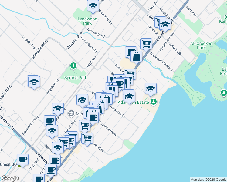 map of restaurants, bars, coffee shops, grocery stores, and more near 363 Lakeshore Road East in Mississauga