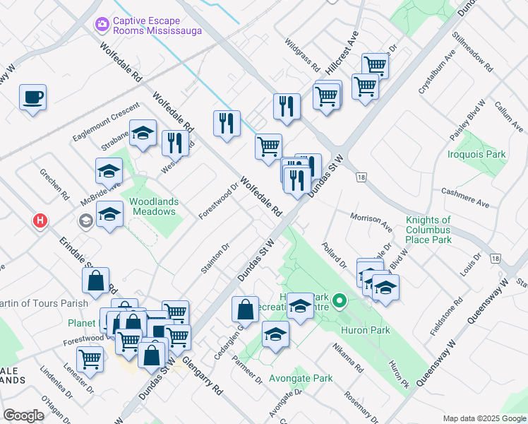 map of restaurants, bars, coffee shops, grocery stores, and more near 830 Stainton Drive in Mississauga