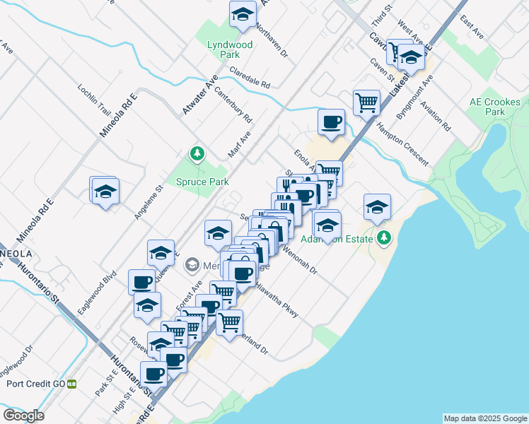 map of restaurants, bars, coffee shops, grocery stores, and more near 1051 Seneca Avenue in Mississauga