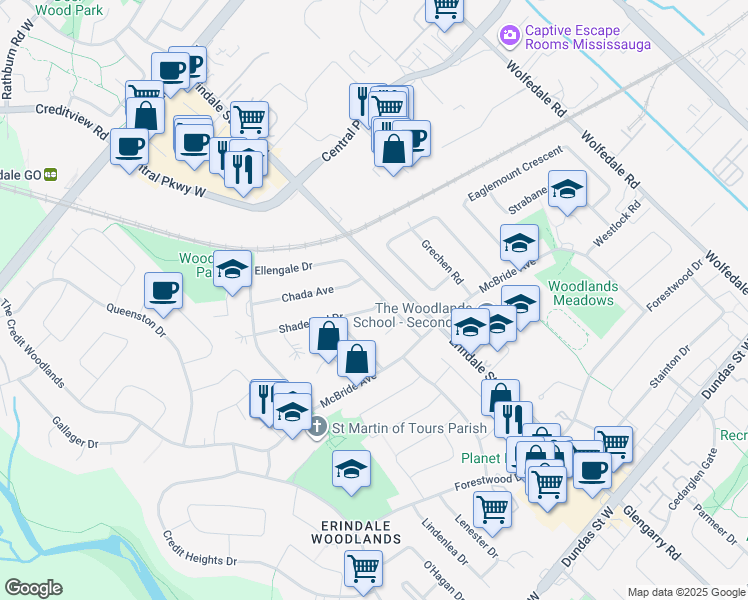 map of restaurants, bars, coffee shops, grocery stores, and more near 3675 Ellengale Drive in Mississauga