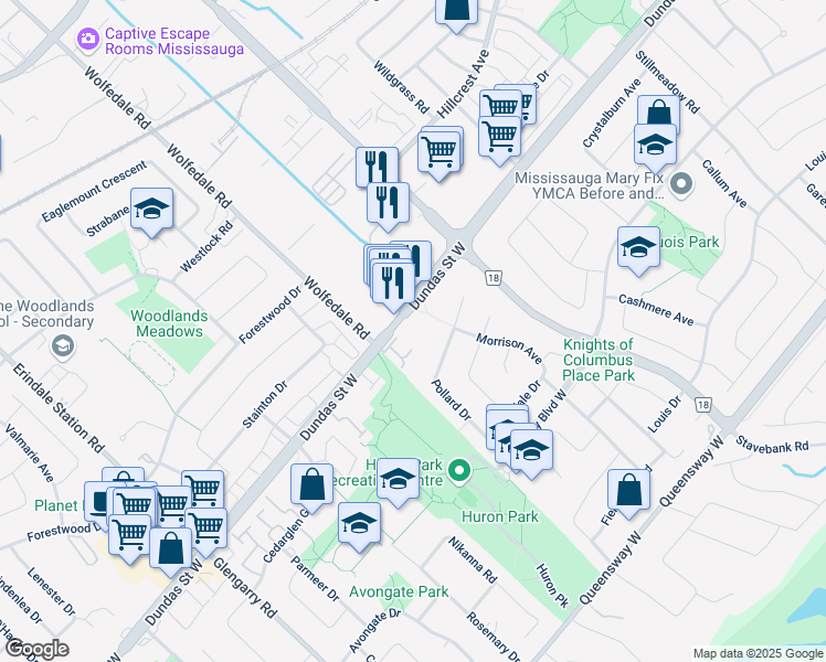 map of restaurants, bars, coffee shops, grocery stores, and more near 770 Dundas Street West in Mississauga