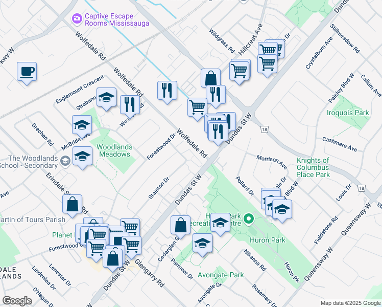 map of restaurants, bars, coffee shops, grocery stores, and more near 830 Stainton Drive in Mississauga