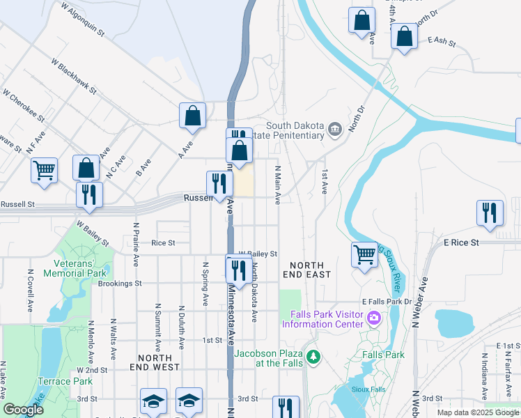 map of restaurants, bars, coffee shops, grocery stores, and more near 100-298 West Bennett Street in Sioux Falls