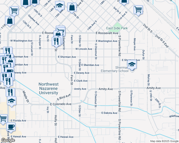 map of restaurants, bars, coffee shops, grocery stores, and more near 1104 East Dewey Avenue in Nampa