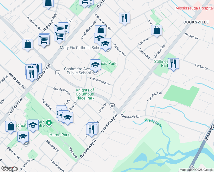 map of restaurants, bars, coffee shops, grocery stores, and more near 2406 Cashmere Avenue in Mississauga