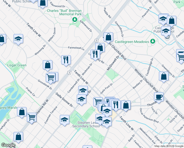 map of restaurants, bars, coffee shops, grocery stores, and more near 3160 Malham Gate in Mississauga