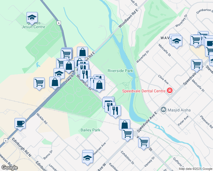 map of restaurants, bars, coffee shops, grocery stores, and more near 22 Marilyn Drive in Guelph