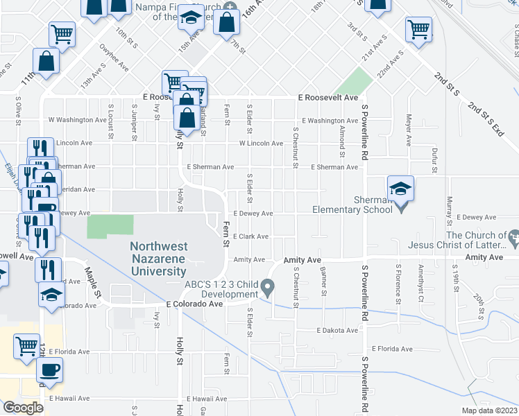 map of restaurants, bars, coffee shops, grocery stores, and more near 520 South Elder Street in Nampa