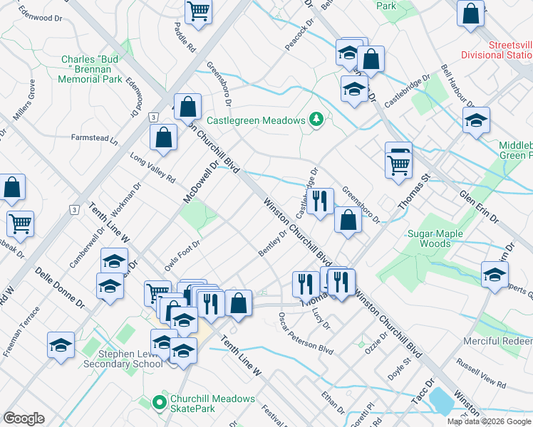 map of restaurants, bars, coffee shops, grocery stores, and more near 3077 Hawktail Crescent in Mississauga