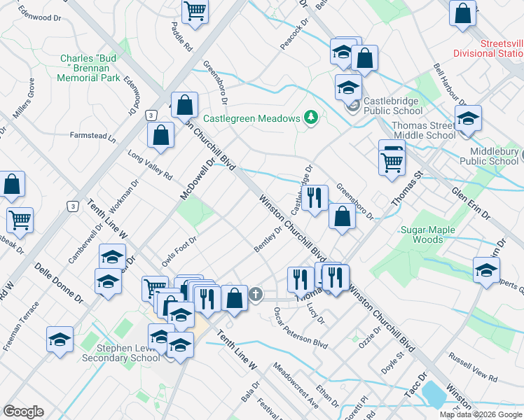 map of restaurants, bars, coffee shops, grocery stores, and more near 3077 Hawktail Crescent in Mississauga