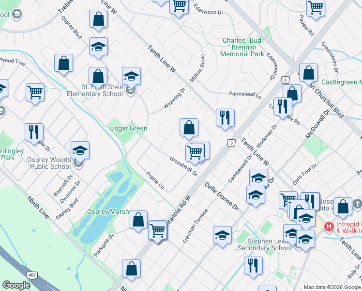 map of restaurants, bars, coffee shops, grocery stores, and more near 3363 Columbine Crescent in Mississauga