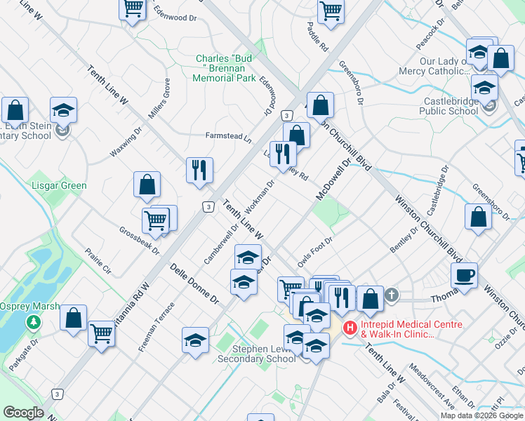 map of restaurants, bars, coffee shops, grocery stores, and more near 3173 Malham Gate in Mississauga