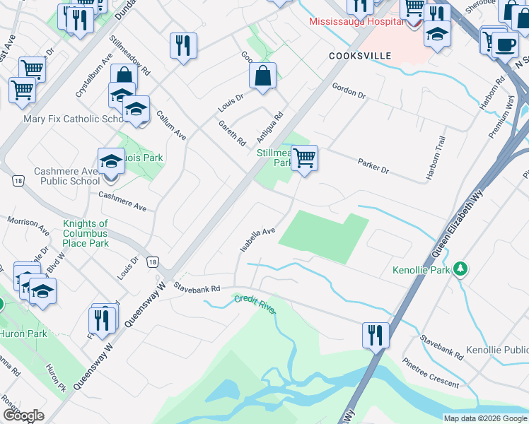 map of restaurants, bars, coffee shops, grocery stores, and more near 2250 Kenbarb Road in Mississauga