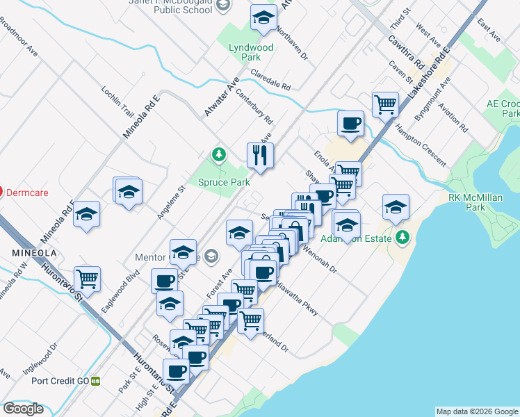 map of restaurants, bars, coffee shops, grocery stores, and more near in Mississauga